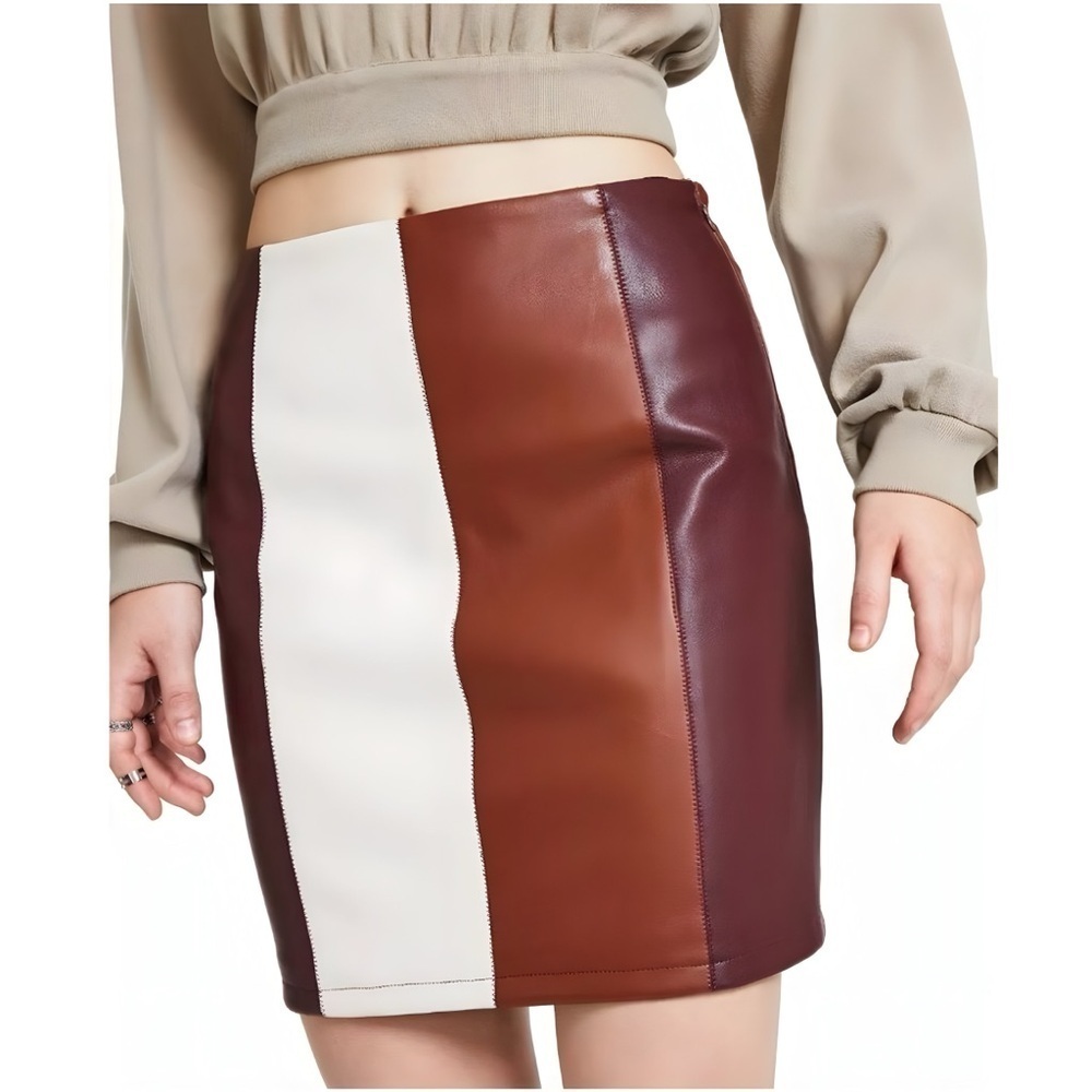 EN SAISON Striped Miniskirt Stitched Vegan Leather Colorblock | Size L - Picture 4 of 16